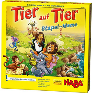 HABA 302812 - Tier auf Tier – Stapel-Memo | Kniffliges Bau- und Memospiel mit 19 Holzzylindern zum Stapeln | Gesellschaftsspiel ab 5 Jahren