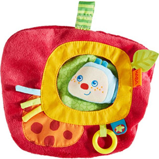 HABA 303191 – Spielkissen Raupe Mina, Kissen mit Raupen-Fingerpuppe für Babys ab 0 Monaten, farbenfrohes  Schnullertuch, mit Klettverschluss für Schnuller oder zum Befestigen an Laufstall