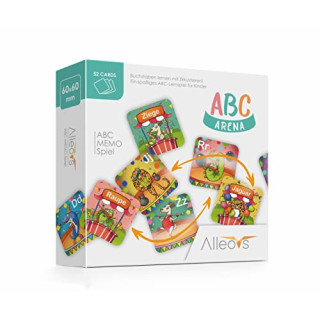 ALLEOVS® ABC-Arena - Letter Memory Game with circus animals, an educational game for 1 - 6 children from 4 years onwards, 52 cards for learning the alphabet, learn the names of animals in German DE/EN/IT/ES/FR