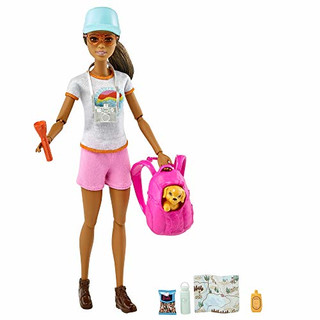 Barbie GRN66 - Wellness Wanderin-Puppe (brünett) mit Hündchen und Spielset, Geschenk für Kinder von 3 bis 7 Jahren