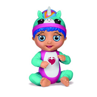 Bandai – Tiny Toes – Interaktive Mini-Babypuppe 14 cm – Luna lacht – Blaues Einhorn – spricht Deutsch – 82788