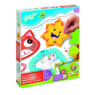 Totum Little Creators Bastel-Set: Nähen lernen mit verschiedenen Nähhilfeschablonen, farbigen Wollfäden, Nadel und Perlen