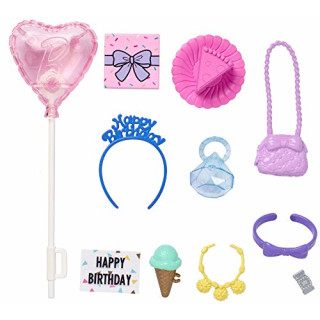 Barbie Mattel GHX36 Fashion Zubehör, Accessoires Happy Birthday, 2 x Handtasche, Schmuck, Haarreif, Luftballon, .....