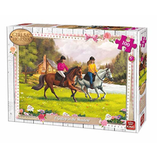 King 100 Teile Puzzle Mädchen und Pferde Gallop auf der Wiese