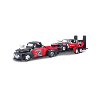 Maisto Design Elite Transporter Ford F1 Pickup (1948) + Ford Mustang GT (1967): Modelltransporter mit Anhänger, 2 Modellautos, Türen zum Öffnen, Maßstab 1:24, 43 cm, rot-schwarz (532751)