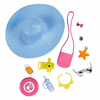 Mattel FKR90 - Barbie Fashions Accessoires Sortiment - Strandset, mit Sonnenhut, Handtasche, Frisbee, Kamera, Sonnencreme, Schmuck,....
