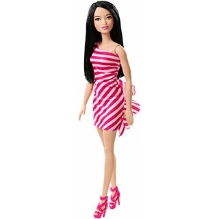 Mattel Barbie Doll - Glitz Outfits & Accessories - Black Hair Doll with Pink & White Lines Dress (FXL70)