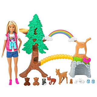 Barbie GTN60 - Waldtier-Forscherin Spielset mit blonder Barbie-Puppe und 10 Tierfiguren