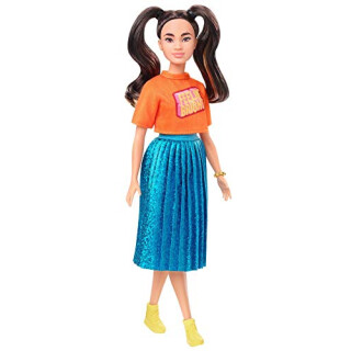 Mattel Barbie Doll - Fashionistas #145 - Short Doll with Long Brunette Pigtails & Shimmery Skirt (GHW59)