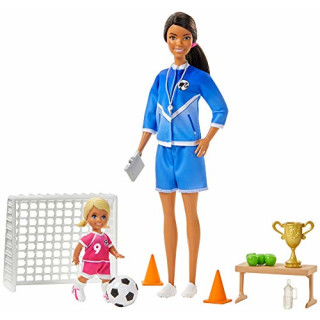 Barbie GJM71 - Fußballtrainerin Spielset mit Puppe (brünett) und Zubehör, Spielzeug ab 3 Jahren