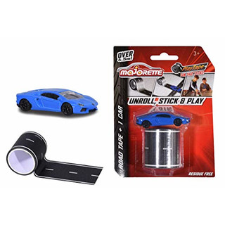 1 at Random: Majorette Playtape inkl. 1 Die-Cast Fahrzeug mit Freilauf und Federung, selbstklebendes Straßenband, 4,5 m lang, 5 cm breit, Road Tape, 3 versch. Autos, Lieferung 1 Stück