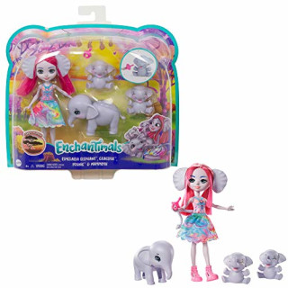 Enchantimals GTM30 - Familie Spielset, Elefantenmädchen Esmeralda Elephant Puppe (15,2 cm), 3 Elefanten-Tierfreunde, 1 Schnuller-Accessoire, Sunny-Savanna-Kollektion, Spielzeug für Kinder ab 3 Jahren