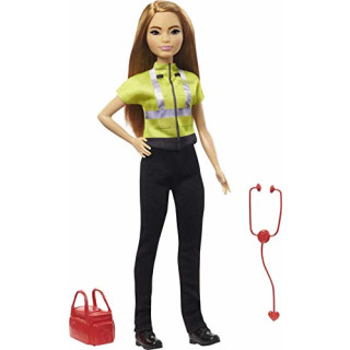 Barbie GYT28 - Rettungssanitäterin Puppe, zierlich brünett (ca. 30 cm), Kleidung & Accessoires passend zur Rolle: Stethoskop, Arzttasche, tolles Geschenk für Kinder, Spielzeug ab 3 Jahren