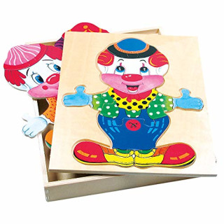Bino Ankleidepuzzle Friedo, Spielzeug ab 3 Jahren (buntes Kleiderwechseln des Clowns, für Jungen & Mädchen, hochwertiges Holzspiel, inkl. Holzbox, 32-teilig, Größe: 30x30x10 cm), Mehrfarbig