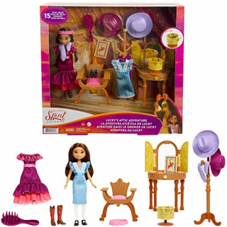 Spirit GXF54 - "Spirit - frei und ungezähmt" Dachboden-Abenteuer mit Lucky Spielset, Lucky Puppe (ca. 18cm),Schminktisch, Sessel, Hutständer, Wundertrommel, Zubehör, tolles Geschenk, ab 3 Jahren