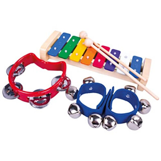 Bino Musikset, Spielzeug für Kinder ab 3 Jahre, Kinderspielzeug (Musikinstrumente-Set mit 5 Teilen, inkl. 8Ton-Holzxylophon, Handgelenkschelle & 2 Fußgelenkschellen, Kinderzimmer Zubehör), Mehrfarbig