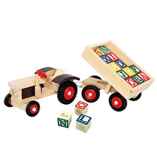 Bino & Mertens 82077 Traktor mit ABC-Anhänger, Spielzeug für Kinder ab 3 Jahre, Motorikspielzeug (Holzspielzeug mit 17 Teilen, Kinderspielzeug inkusive 15 Würfel mit Zahlen, Buchstaben & Motiven)