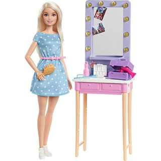 Barbie GYG39 - „Bühne Frei für große Träume“ Malibu Puppe (ca. 30 cm groß) mit Backstage-Schminktisch-Spielset und Zubehörteilen, Geschenk für Kinder von 3 bis 7 Jahren