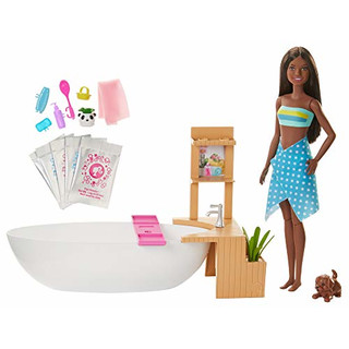 Barbie GJN33 - Wellnesstag Puppe (brünett) und Spielset, mit Badewanne, Hündchen und weiteren Zuebhörteilen, Spielzeug ab 3 Jahren