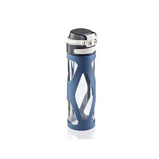 Leifheit Glasflasche Flip 600ml, 100% dichte Sportflasche, praktisches Öffnen mit einer Hand, Trinkflasche mit Filter für Fruchteinsatz, nachhaltige Wasserflasche, BPA frei, stoßfest, dunkelblau