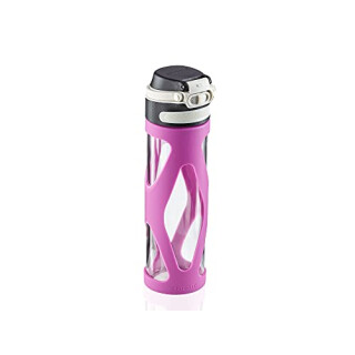 Leifheit Glasflasche Flip 600ml, 100% dichte Sportflasche, praktisches Öffnen mit einer Hand, Trinkflasche mit Filter für Fruchteinsatz, nachhaltige Wasserflasche, BPA frei, stoßfest, lila