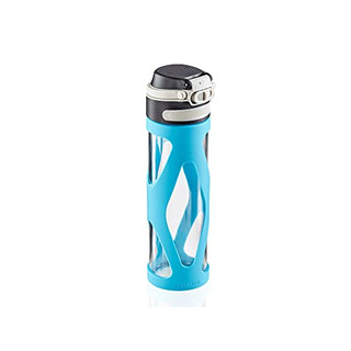 Leifheit Glasflasche Flip 600ml, 100% dichte Sportflasche, praktisches Öffnen mit einer Hand, Trinkflasche mit Filter für Fruchteinsatz, nachhaltige Wasserflasche, BPA frei, stoßfest, blau