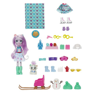 Enchantimals HHC21 - Weihnachtswunder-Adventskalender 2022 für Kinder mit Überraschungen für 24 Tage, enthält Schneeleoparden-Mädchen Sybill Puppe, Tierfigur Flake und diverses Zubehör, ab 4 Jahre