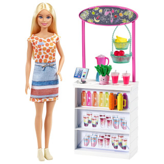 Barbie GRN75 - Wellness Smoothie Bar Spielset mit blonder Barbie, Saftbar und 10 Zubehörteile, Spielzeug ab 3 Jahren