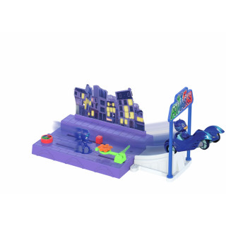 Dickie Toys PJ Masks Night Mission Playset with Various Functions Launcher Light Jump Jumping Catapult Includes Cat Car Batteries Included Age 3+