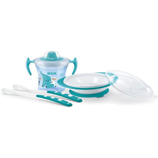 NUK Kindergeschirr Set mit Trainer Cup Trinklernbecher | Ess-Lernschale mit 2 Deckel & Baby Fütterlöffel (x2) | 6+ Monate | Blau