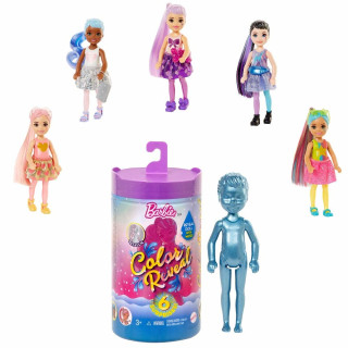 Barbie GTT23 - Barbie Chelsea Color Reveal Puppe, Glitzer Serie, mit Enthüllungseffekt mit 1 Überraschungspuppe und 6 weiteren Überraschungen, Spielzeug ab 3 Jahren