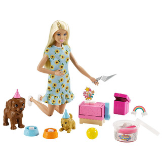 Barbie GXV75 - Puppe und Hündchenparty Spielset mit Hündchen, Knete und Kuchenform, Geschenk für Kinder von 3 bis 7 Jahren