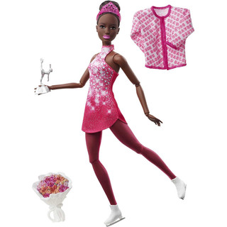 Barbie HCN31 - Wintersport Eiskunstläuferin-Puppe brünett (30 cm) mit rosa Kleid, Jacke, Rosenstrauß und Trophäe, tolles Geschenk für Kinder ab 3 Jahren