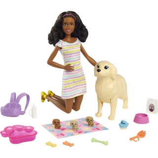 Barbie HCK76 - Welpen-Spielset mit Barbie-Puppe (ca. 29 cm, dunkelbraune Haare), Hündin, die Welpen gebären kann, 3 Welpen & Pflegezubehör, Spielzeug Geschenk für Kinder von 3 bis 7 Jahren