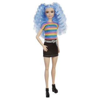 Barbie GRB61 - Fashionistas Puppe (blaue Haare) mit Zubehör, im Outfit mit Regenbogen-Shirt und Schuhen, Spielzeug für Kinder von 3 bis 8 Jahren