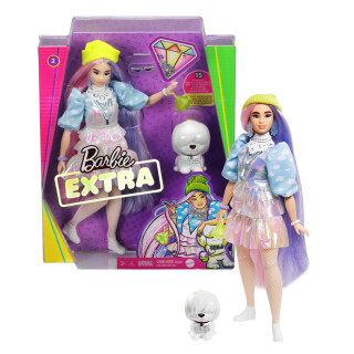 Barbie GVR05 - Extra Puppe, schimmernder Look mit Hündchen, pinken und lila Fantasiehaaren, mehrschichtigem Outfit,bewegliche Gelenke, Geschenk für Kinder ab 3 Jahren