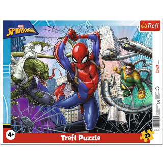 Trefl, Puzzle, Rahmenpuzzle mit Unterlage, 25 Teile, Mutiger Spiderman, für Kinder ab 4 Jahren