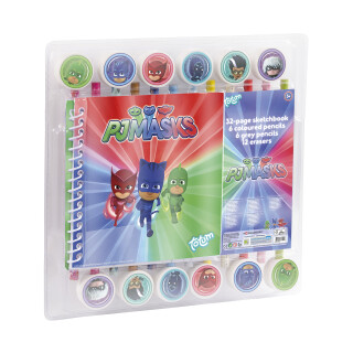 TM Essentials PJ Masks Stifte und Radierer-Set: 1 Malbuch mit 12 bunten Stiften und 12 Radiergummis mit den Motiven von PJ Masks