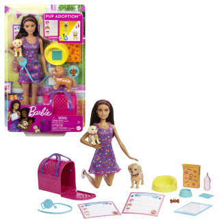 BARBIE Welpenadoption - Puppe und 2 Welpen sogar mit Adoptionszertifikate, Farbwechseleffekt, Transportbox und Zubehör, für Kinder ab 3 Jahren, HKD86