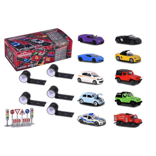 Majorette 212058198 Playtape Mega Box, 5X selbstklebendes Straßenband a 4,5 Meter, 10 Die-Cast Autos, inkl. 8 Verkehrszeichen, 1:64, 7,5 cm
