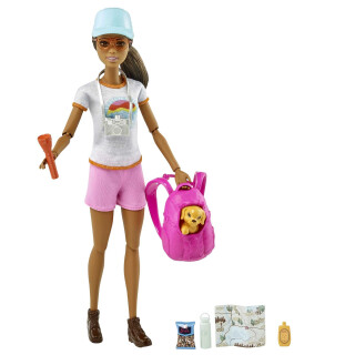Barbie HNC39 - Bünette Puppe mit Welpe, mit Rucksack zum Tragen des Hautiers, Kamera und mehr, Puppen Spielzeug für Kinder ab 3 Jahren