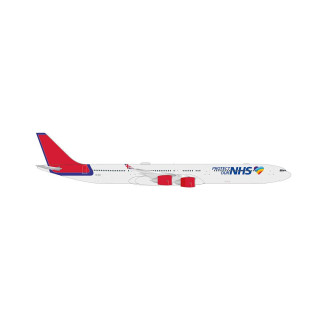 Herpa Modellflugzeug Airbus A340-600 - Maleth Aero “Maleth Aero Protect Our NHS” Maßstab 1:500 - Modellbau Flugzeug, Flugzeugmodell für Sammler, Miniatur Deko, Flieger ohne Standfuß aus Metall