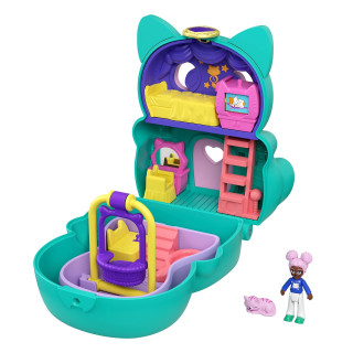 Polly Pocket GTM61 - Drehspaß-Schatulle Katze, zwei Spieloberflächen durch Umklappfunktion, Katzenfigur, Spielzeug ab 4 Jahren