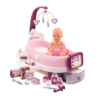 Smoby - Baby Nurse elektronische Puppenpflege-Station - Puppenbett mit Mobile, elektronisches Bedientablett und viel Zubehör, für Kinder ab 3 Jahren, rosa, lila