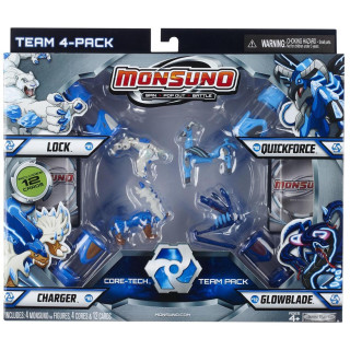 Monsuno Kampf – 4 Figuren + 4 Kapseln + 12 Karten – core-tech VS s.t.o.r.m. – Laden 03/Glowblade 12/rccoshot 11/Black Bullet 05