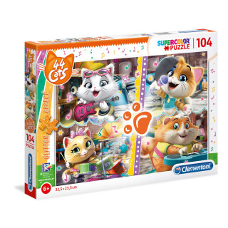 Clementoni 27539 Glitter Puzzle 44 Cats – Puzzle 104 Teile ab 6 Jahren, farbenfrohes Kinderpuzzle mit Glitzereffekt, Geschicklichkeitsspiel für Kinder
