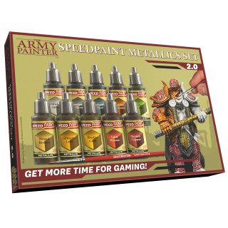 The Army Painter Speedpaint 2.0 Metallics Set, 10 metallische, ungiftige Acryl-Kontrastfarben in 18ml Tropfflaschen inkl. 1 kostenlosem Grundierpinsel, Miniatur-Fantasy-Tischspiel-Bemalung.