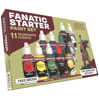 The Army Painter, Warpaints Fanatic Starter Set, 11 Farben: 7 Acrylfarben, 2 Metallics, 1 Waschung, 1 Grundierung zum Auftragen mit dem Pinsel, 1 kostenlose Miniaturfigur und Starterpinsel.