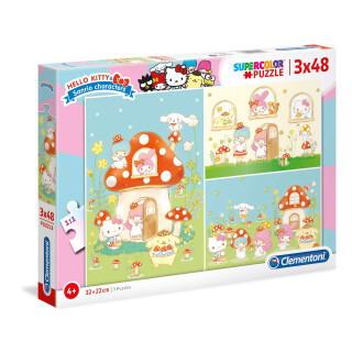 Clementoni 25246 Supercolor Hello Kitty – Puzzle 3 x 48 Teile ab 4 Jahrenes Kinderpuzzle mit besonderer Leuchtkraft & Farbintensität, Geschicklichkeitsspiel für Kinder