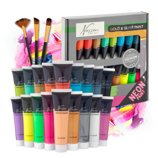 Nassau Fine Art Acrylfarben-Set: 18 Premium-Farben, einschließlich Neon- und Metallic-Gold und Silber | Wasserdicht, hohe Deckkraft und schnell trocknend | Perfekt für Künstler und Hobbyisten | 36 ml